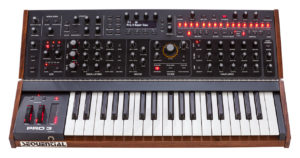 Sequential Pro 3 SE hybrid analog and wavetable synthesizer with tilting front panel.